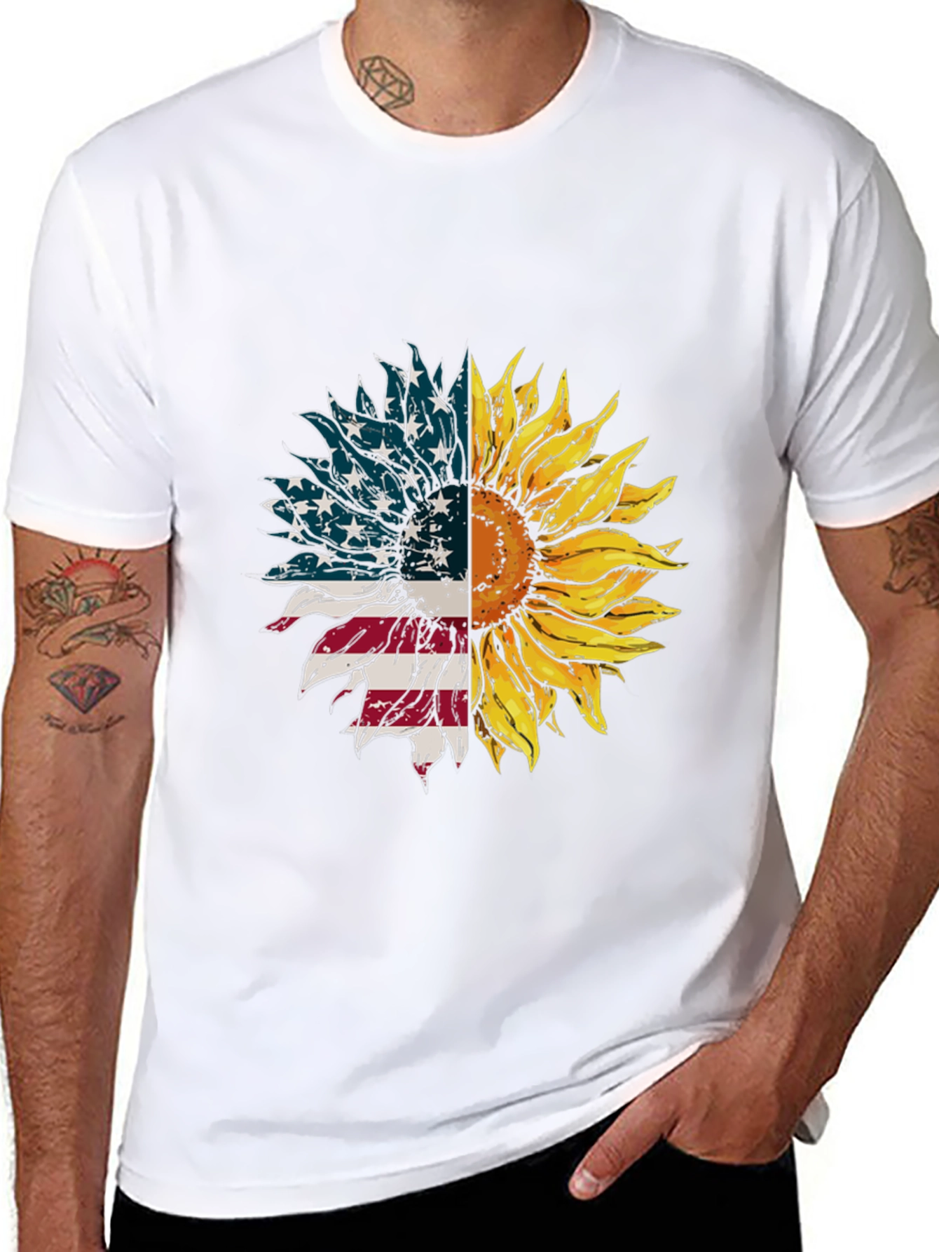American Flag Sunflower Graphic Tee - Black