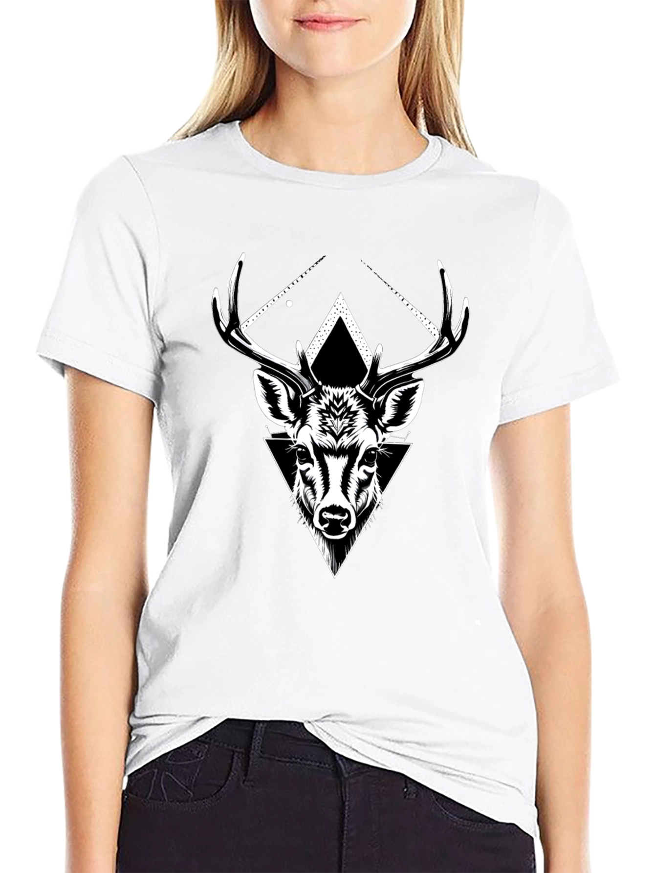 Geometric Deer Graphic Tee - Black Cotton Blend
