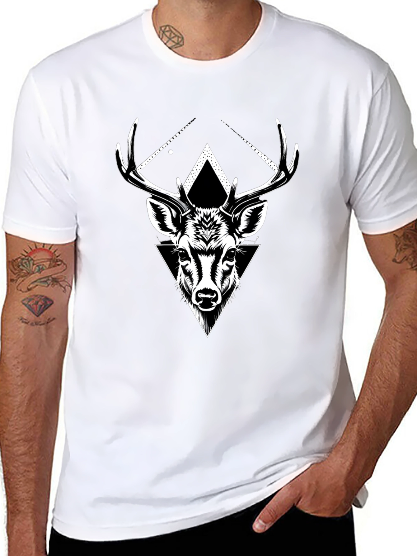 Geometric Deer Graphic Tee - Black Cotton Blend