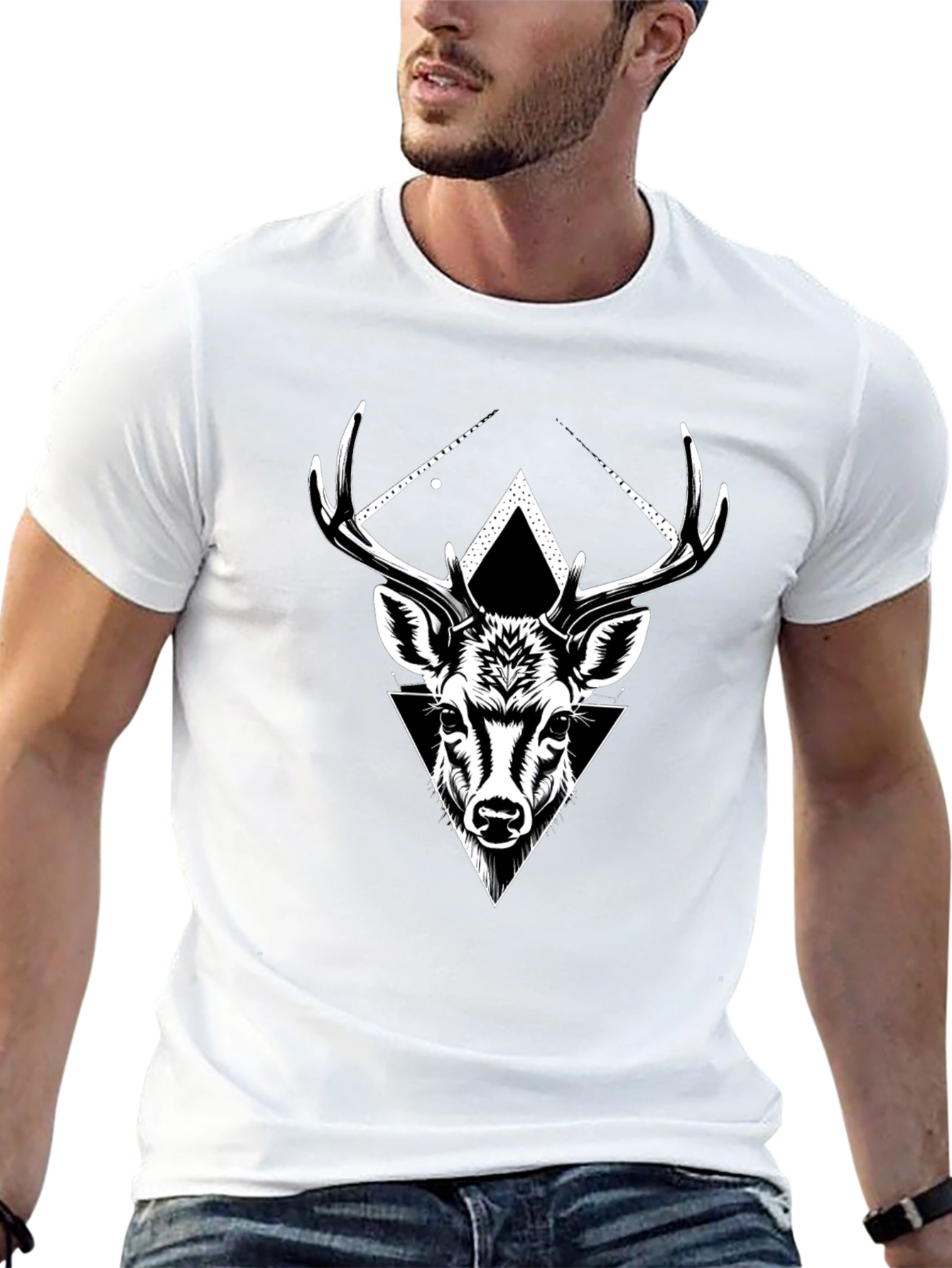 Geometric Deer Graphic Tee - Black Cotton Blend