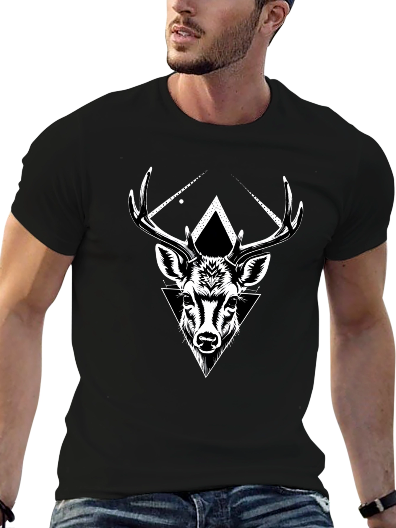 Geometric Deer Graphic Tee - Black Cotton Blend