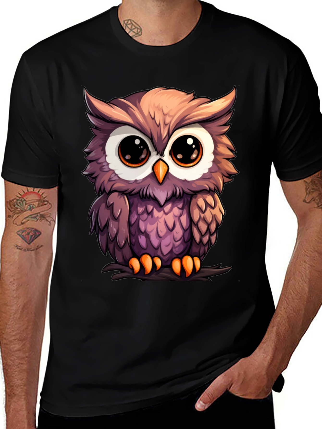 Cute Owl Graphic Tee - Mens Black T-Shirt