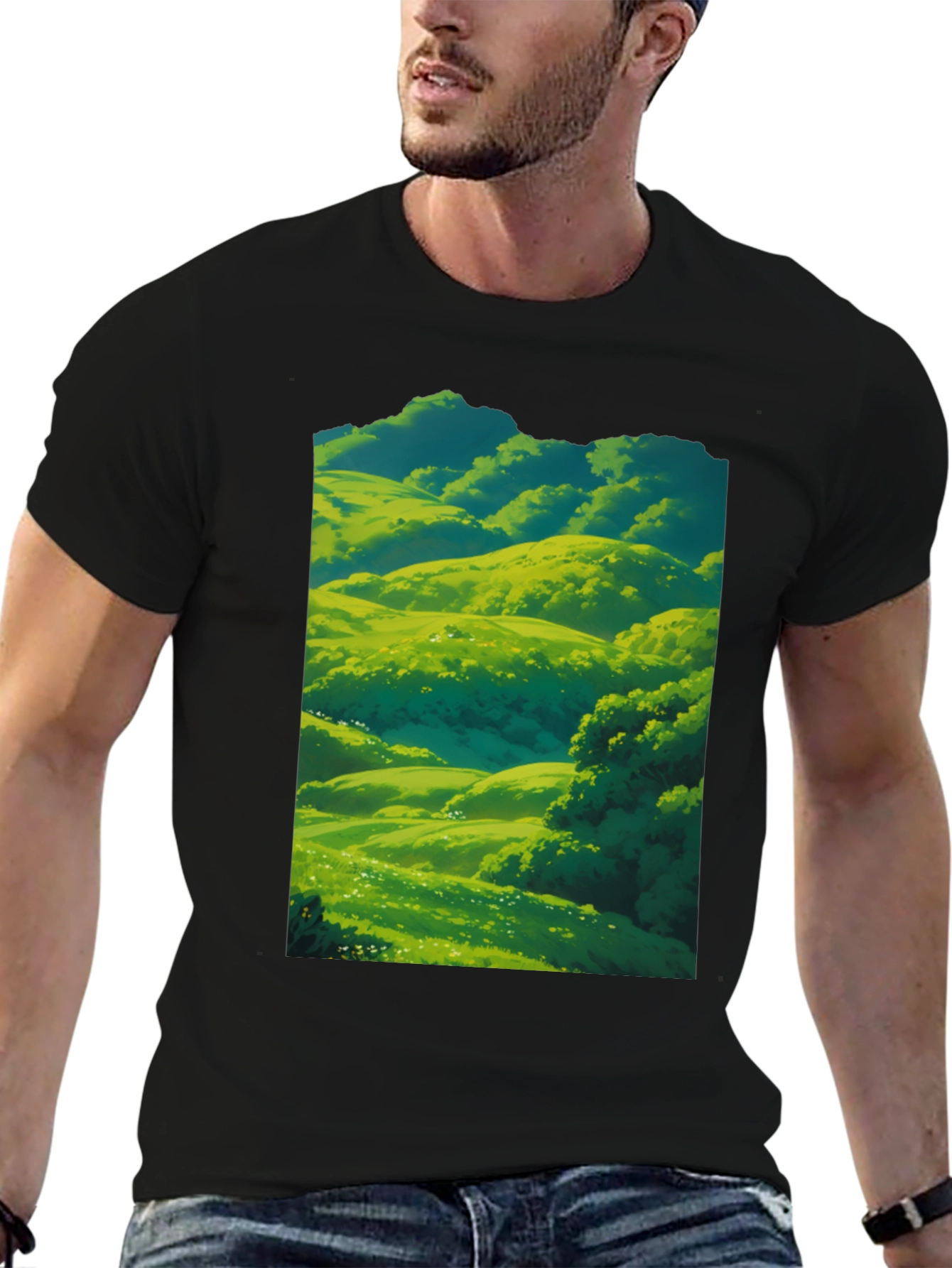 Green Meadow Landscape Graphic T-Shirt