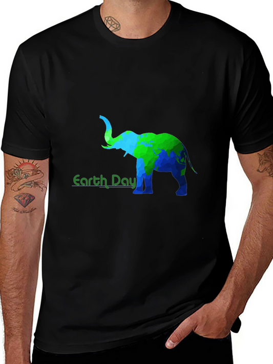 Earth Day Elephant Graphic Tee - Black Cotton T-Shirt