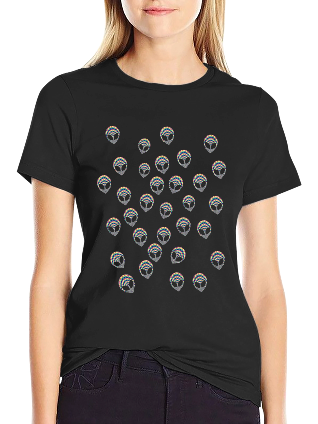 Alien Head Pattern Black T-Shirt