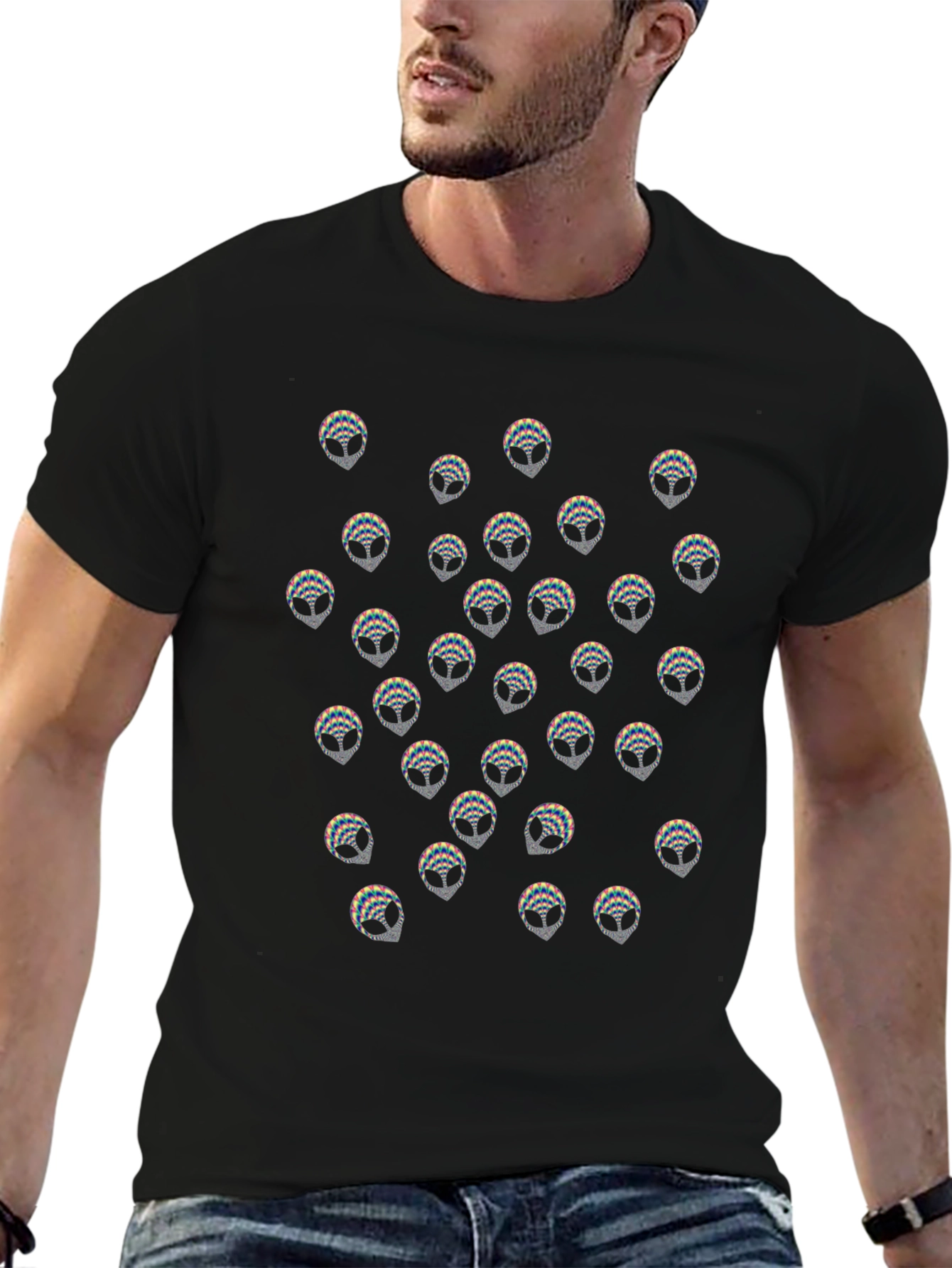Alien Head Pattern Black T-Shirt