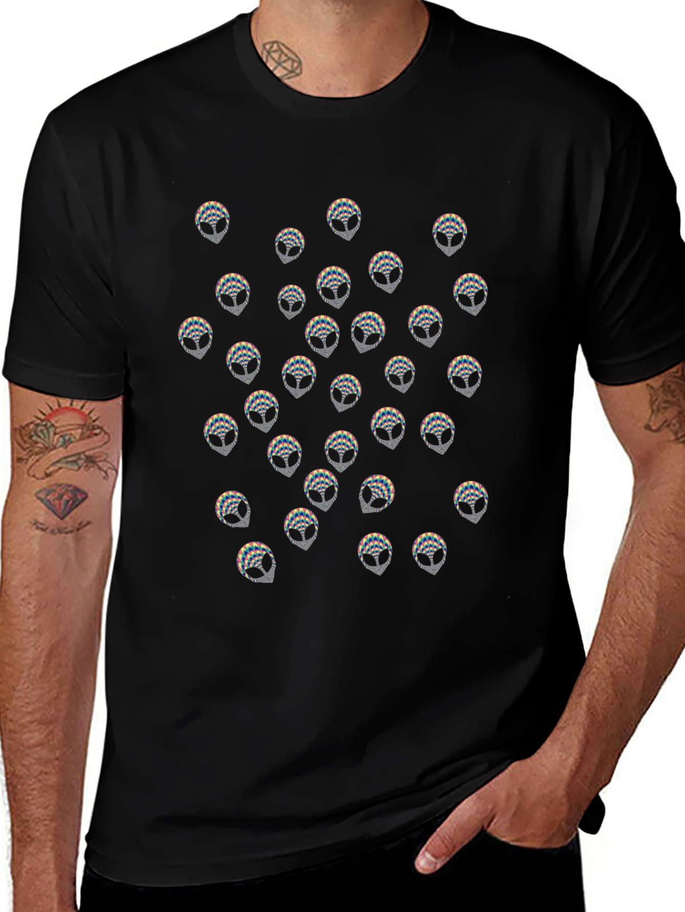 Alien Head Pattern Black T-Shirt