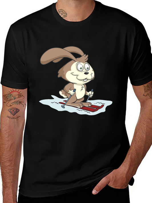 Skiing Bunny Graphic Tee - Black Cotton T-Shirt