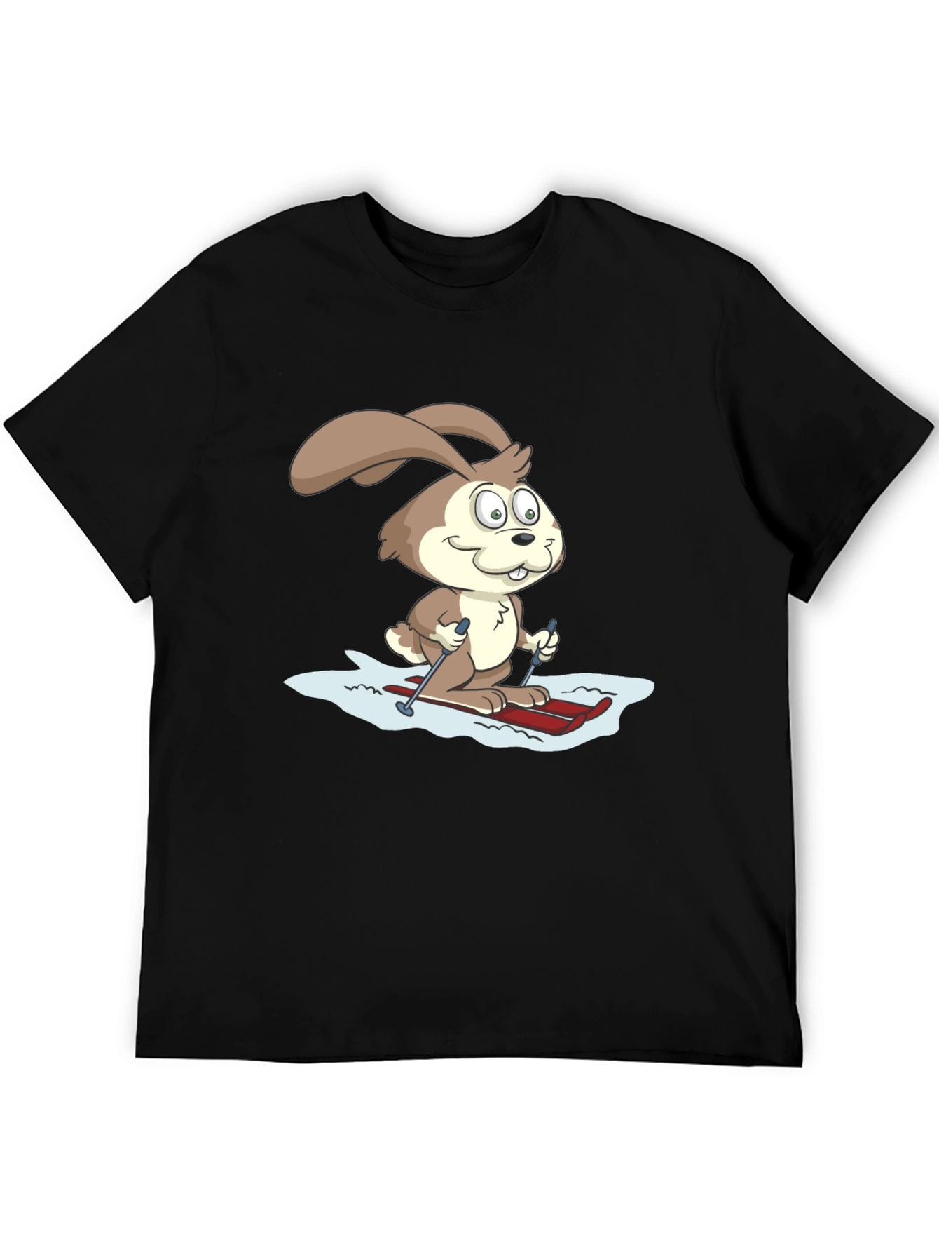 Skiing Bunny Graphic Tee - Black Cotton T-Shirt