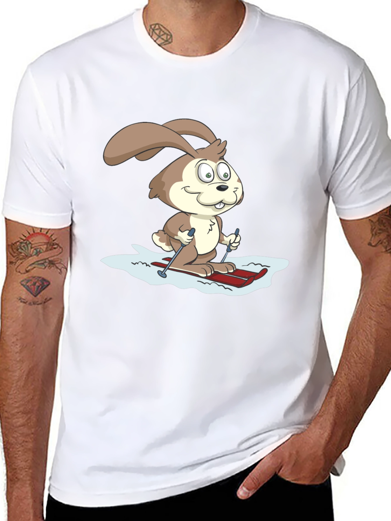 Skiing Bunny Graphic Tee - Black Cotton T-Shirt