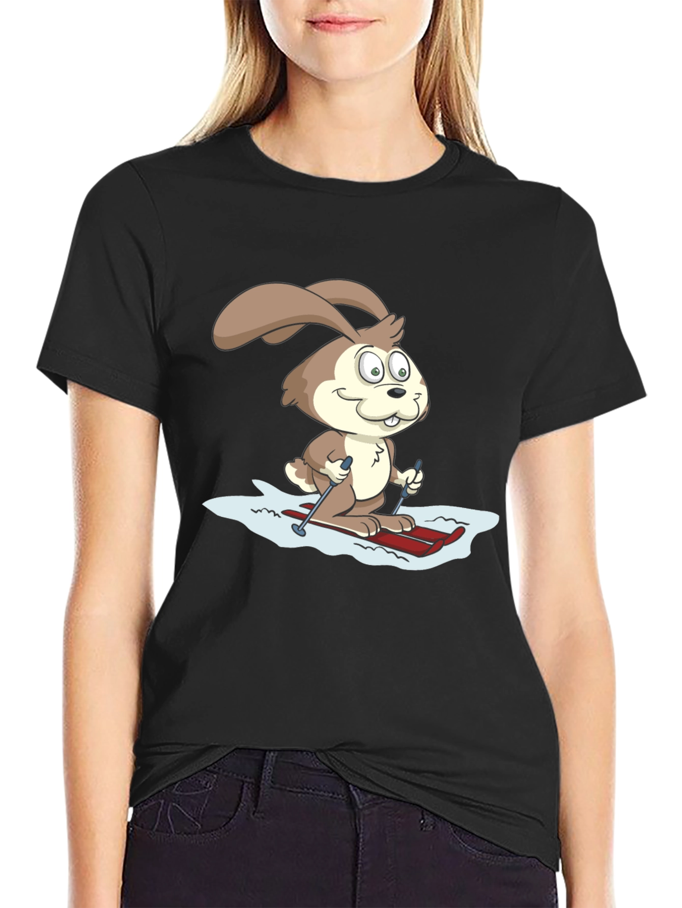 Skiing Bunny Graphic Tee - Black Cotton T-Shirt