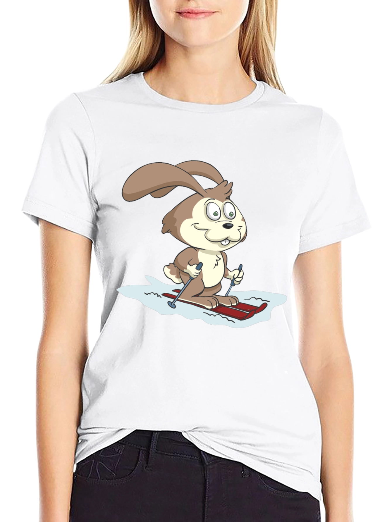 Skiing Bunny Graphic Tee - Black Cotton T-Shirt
