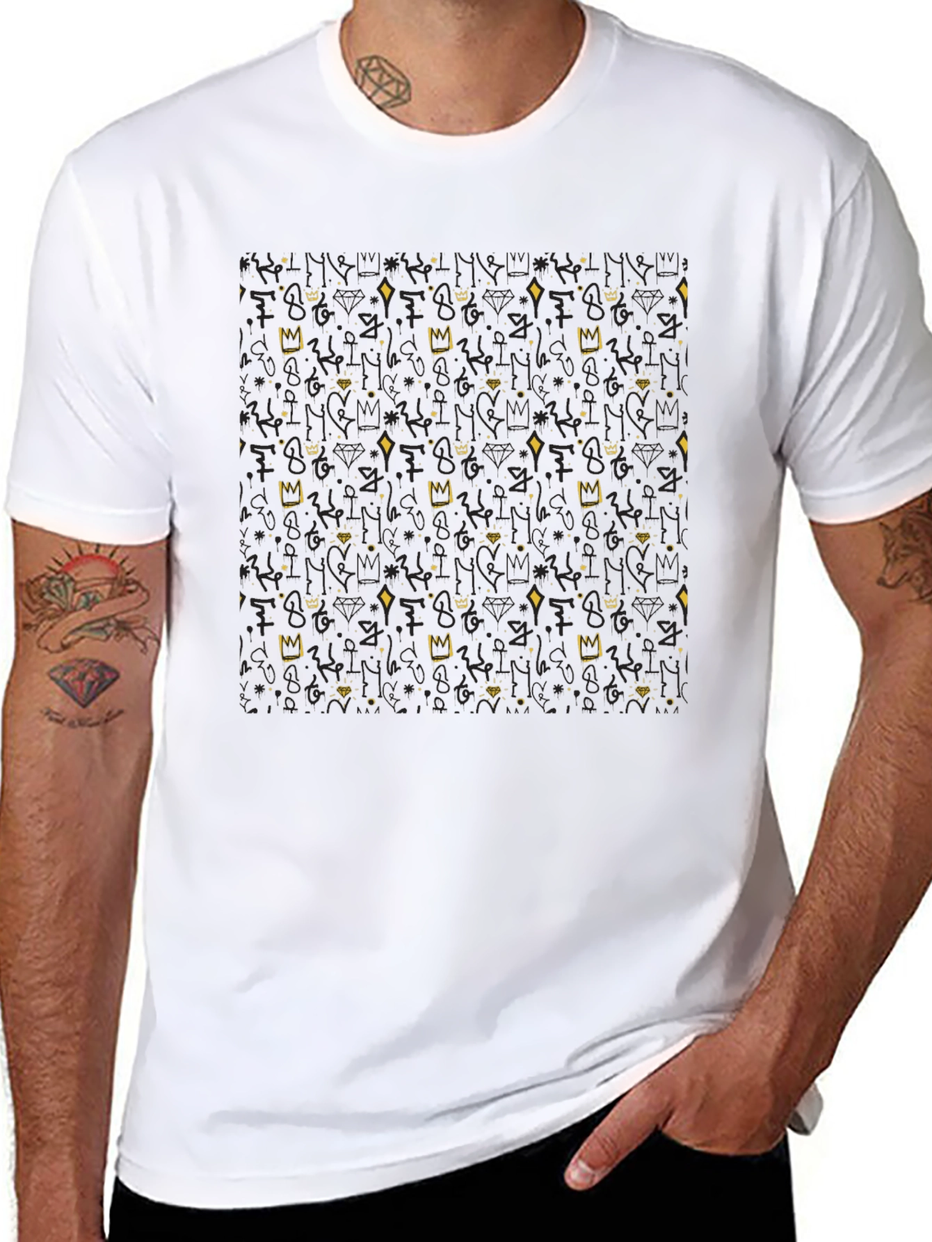 Crown & Diamond Patterned Black T-Shirt
