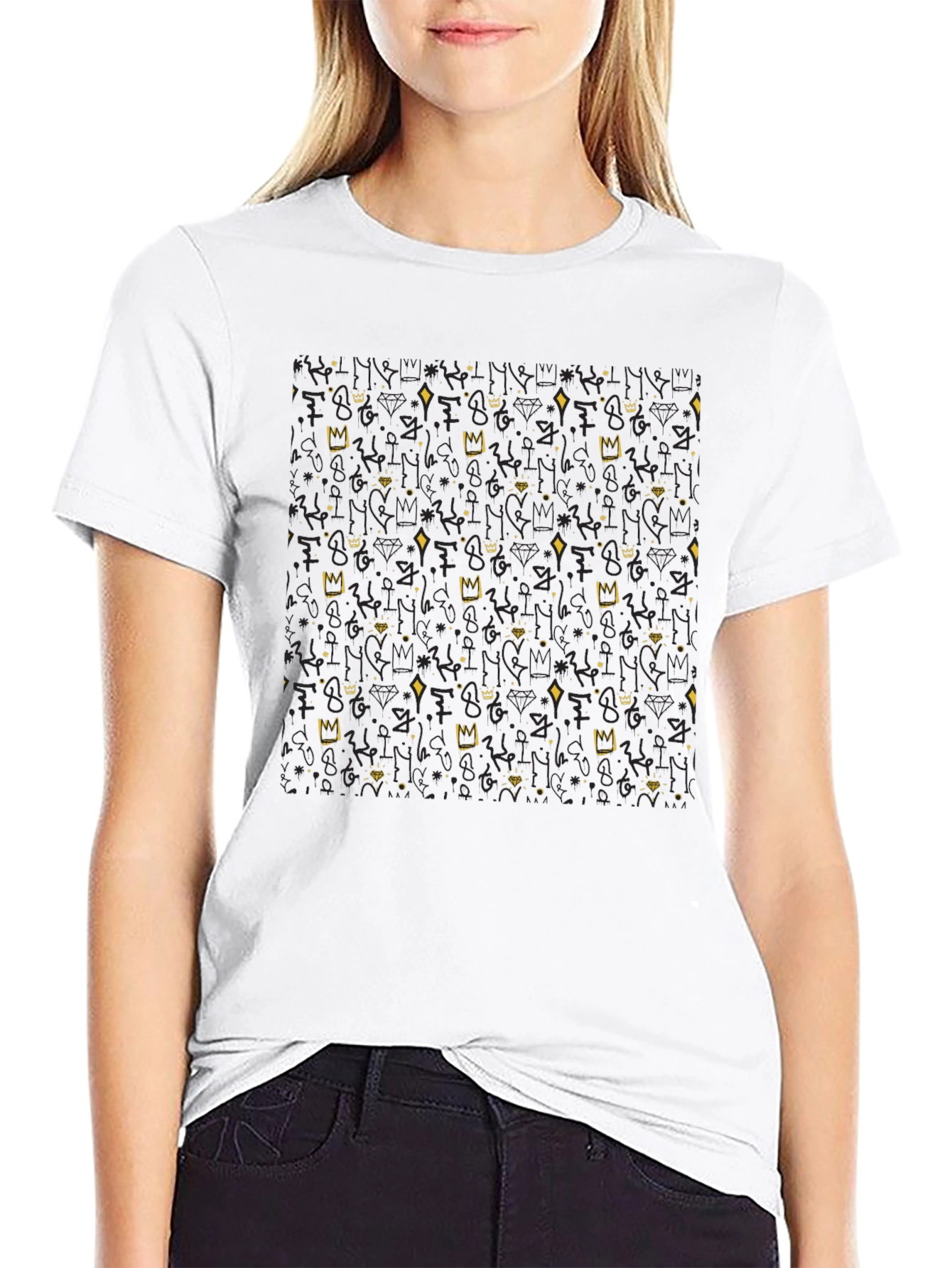 Crown & Diamond Patterned Black T-Shirt