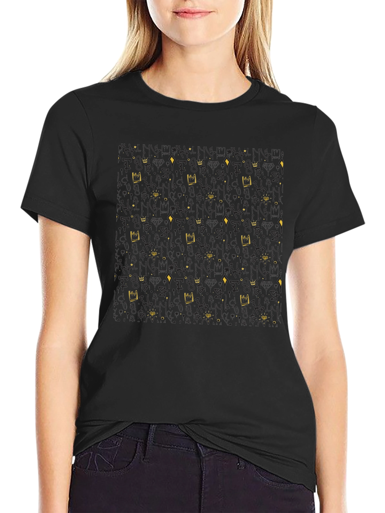 Crown & Diamond Patterned Black T-Shirt