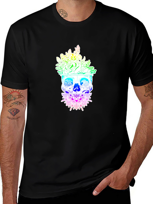 Floral Skull Graphic T-Shirt - Rainbow Design