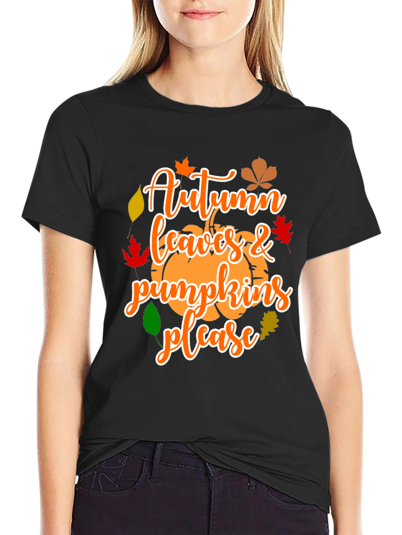 Autumn Leaves & Pumpkins Please Graphic T-Shirt