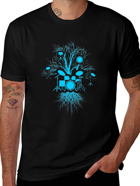 Drum Set Tree Graphic Tee - Black Cotton T-Shirt