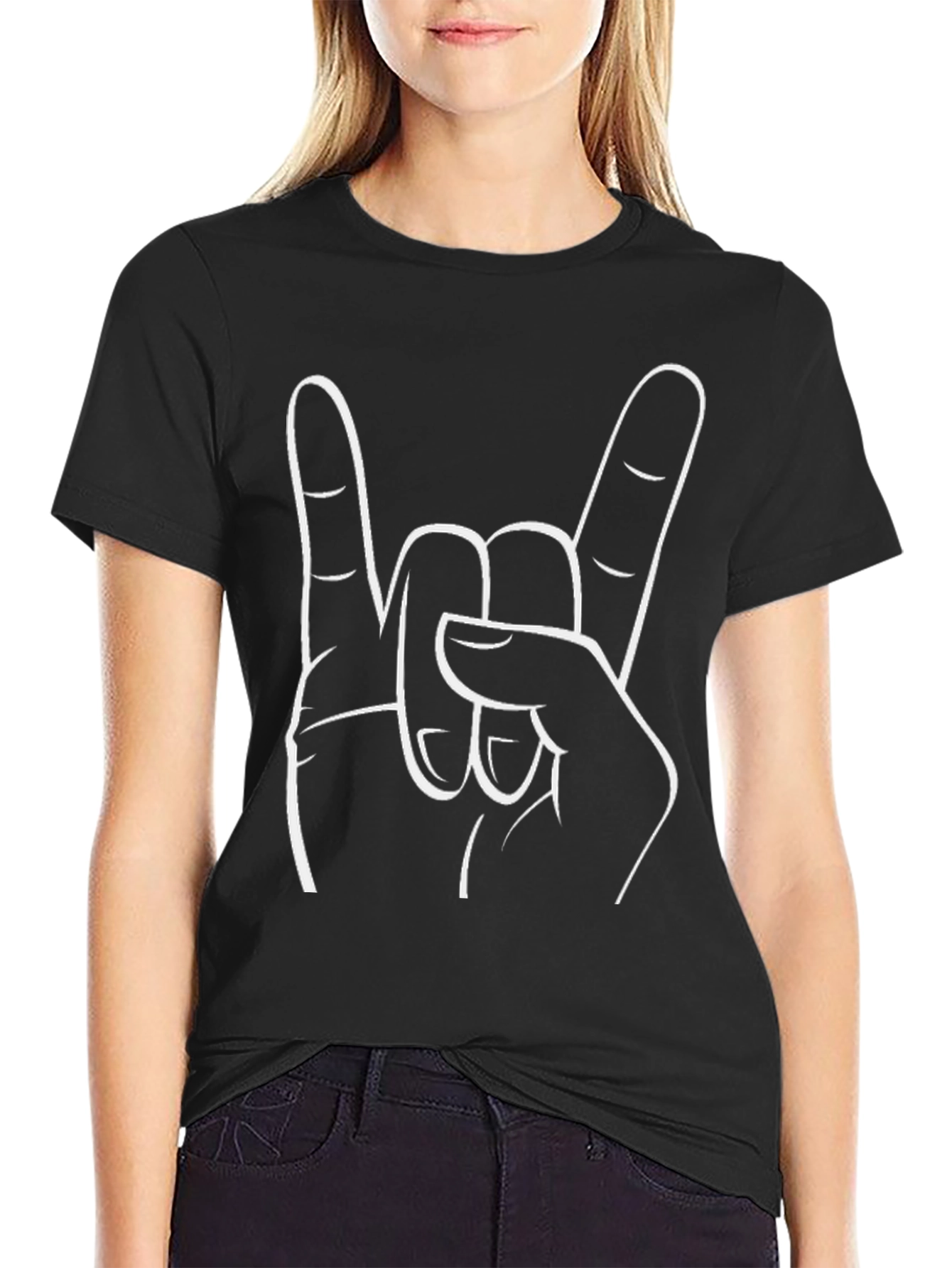 Rock On Hand Gesture Graphic Tee - Black
