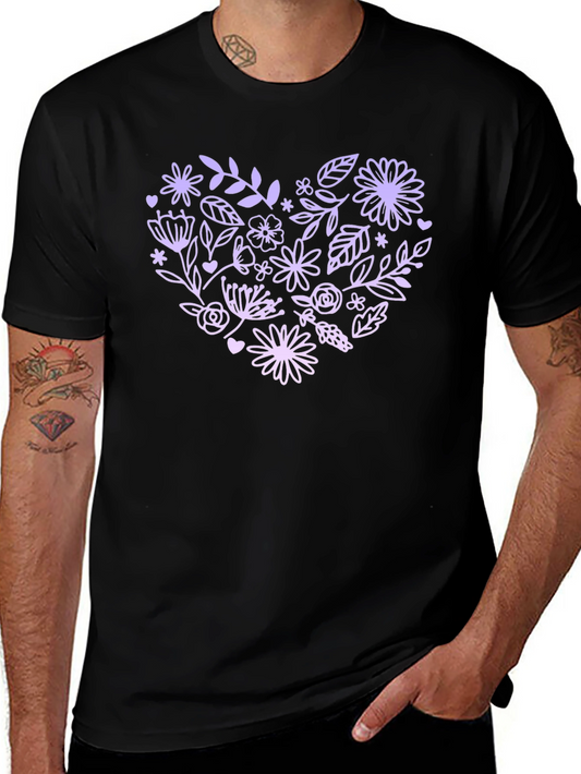 Floral Heart Graphic Tee - Black Casual T-Shirt