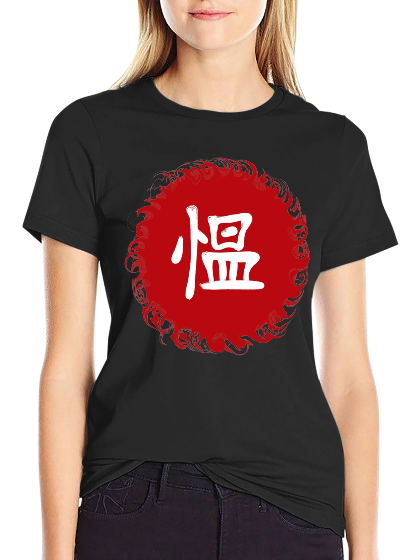 Red Circle Kanji Graphic Black T-Shirt