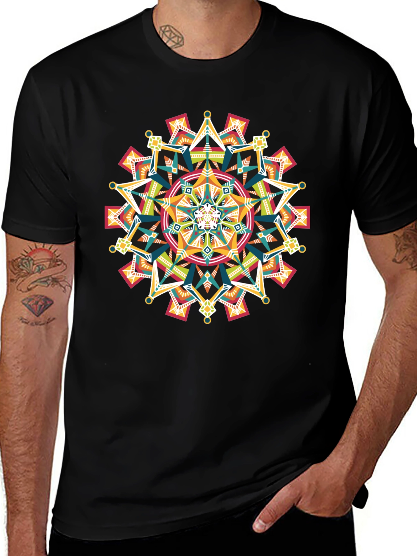 Geometric Mandala Graphic Black T-Shirt