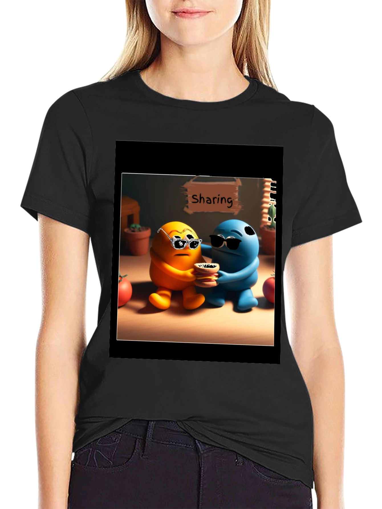 Sharing Cartoon Character Graphic Tee - Black