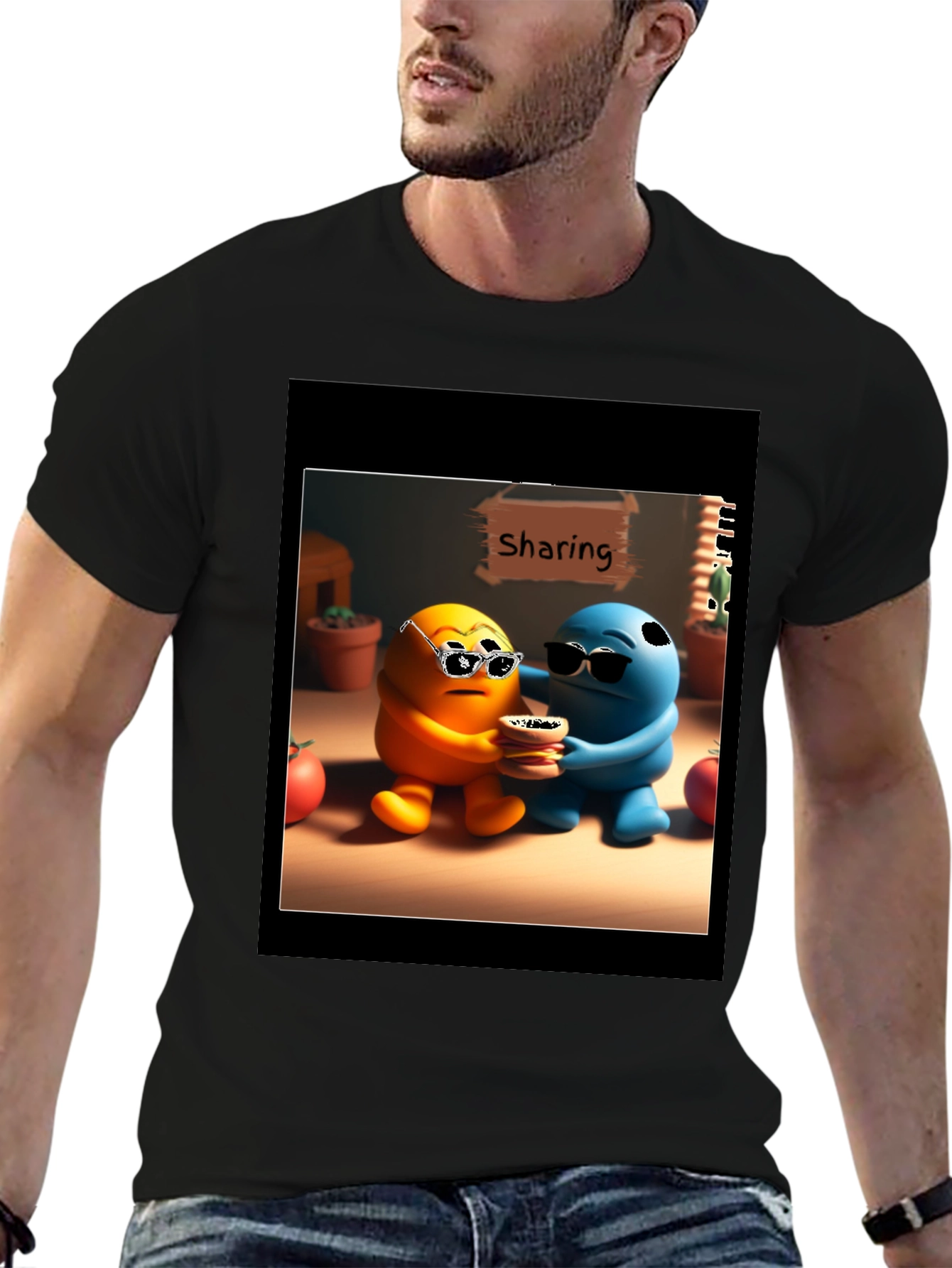 Sharing Cartoon Character Graphic Tee - Black