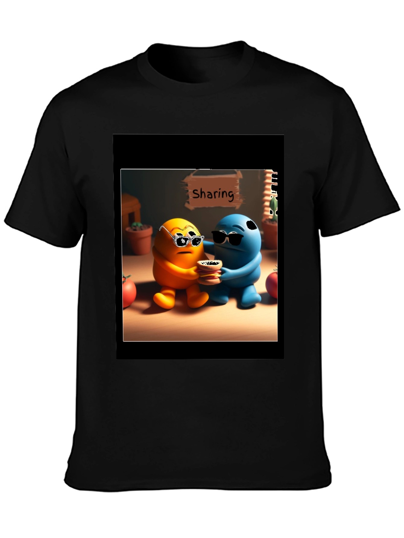 Sharing Cartoon Character Graphic Tee - Black