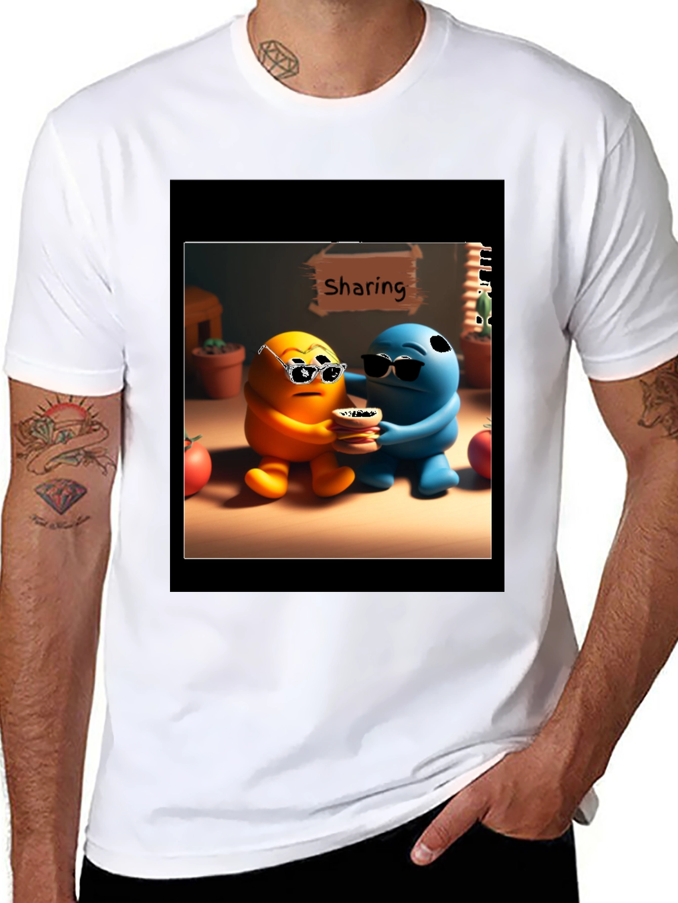 Sharing Cartoon Character Graphic Tee - Black
