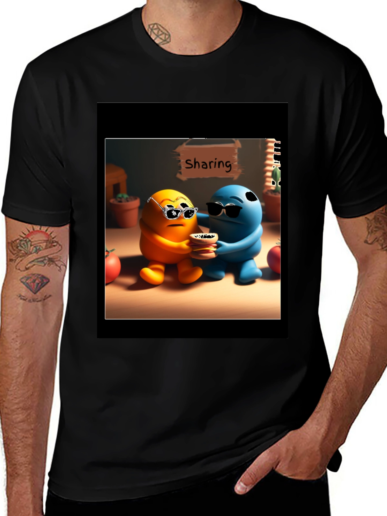 Sharing Cartoon Character Graphic Tee - Black