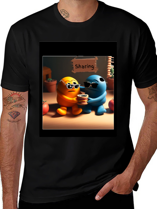 Sharing Cartoon Character Graphic Tee - Black