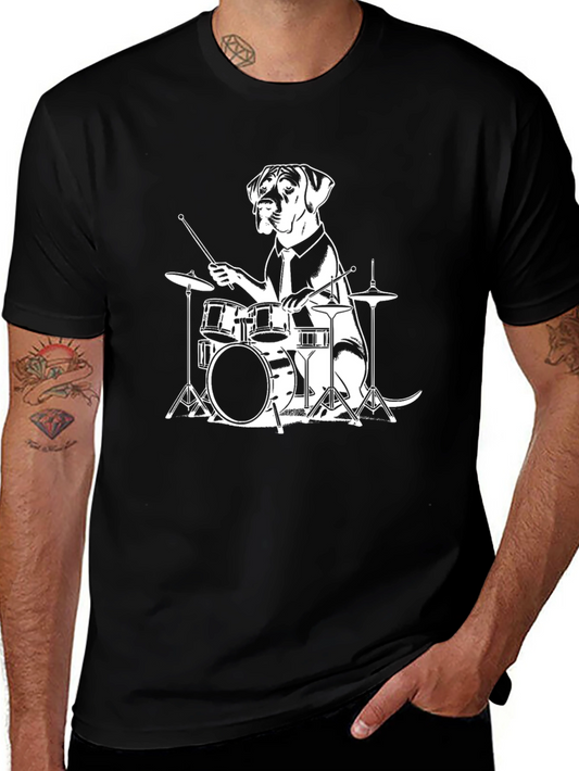 Dog Drummer Graphic Tee - Black Cotton T-Shirt