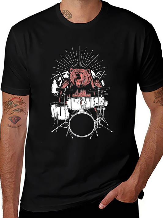 Bear Drummer Graphic T-Shirt - Black